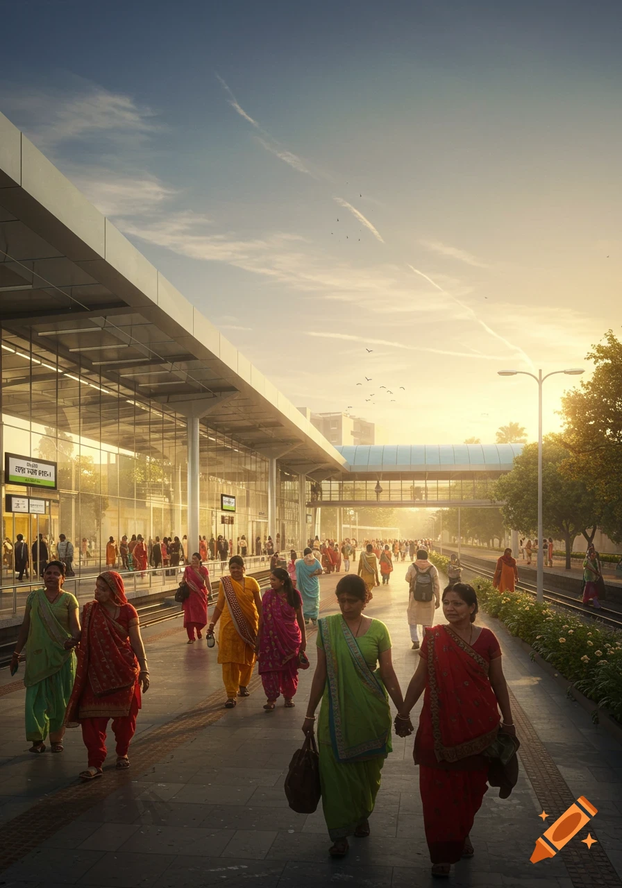 Photorealistic sunrise scene at a bustling metro station with many people walking on the platform.