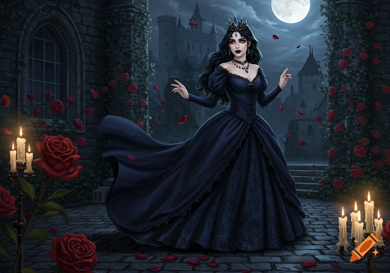 A gothic princess in a dark gown stands in a castle courtyard at night, with red roses, candles, and a full moon. Digital art.