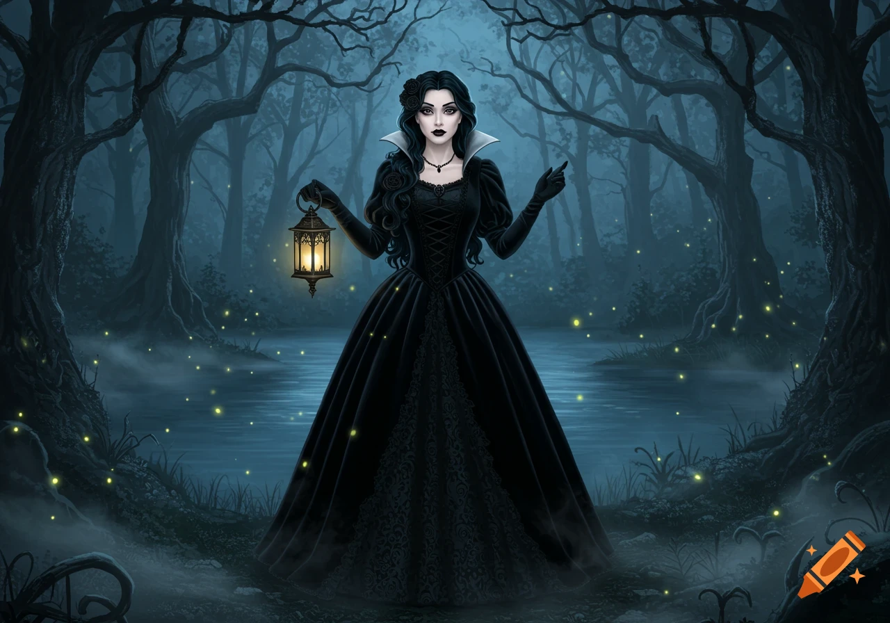 A gothic woman in a black gown holds a lantern in a misty, dark forest with fireflies, by a pond.