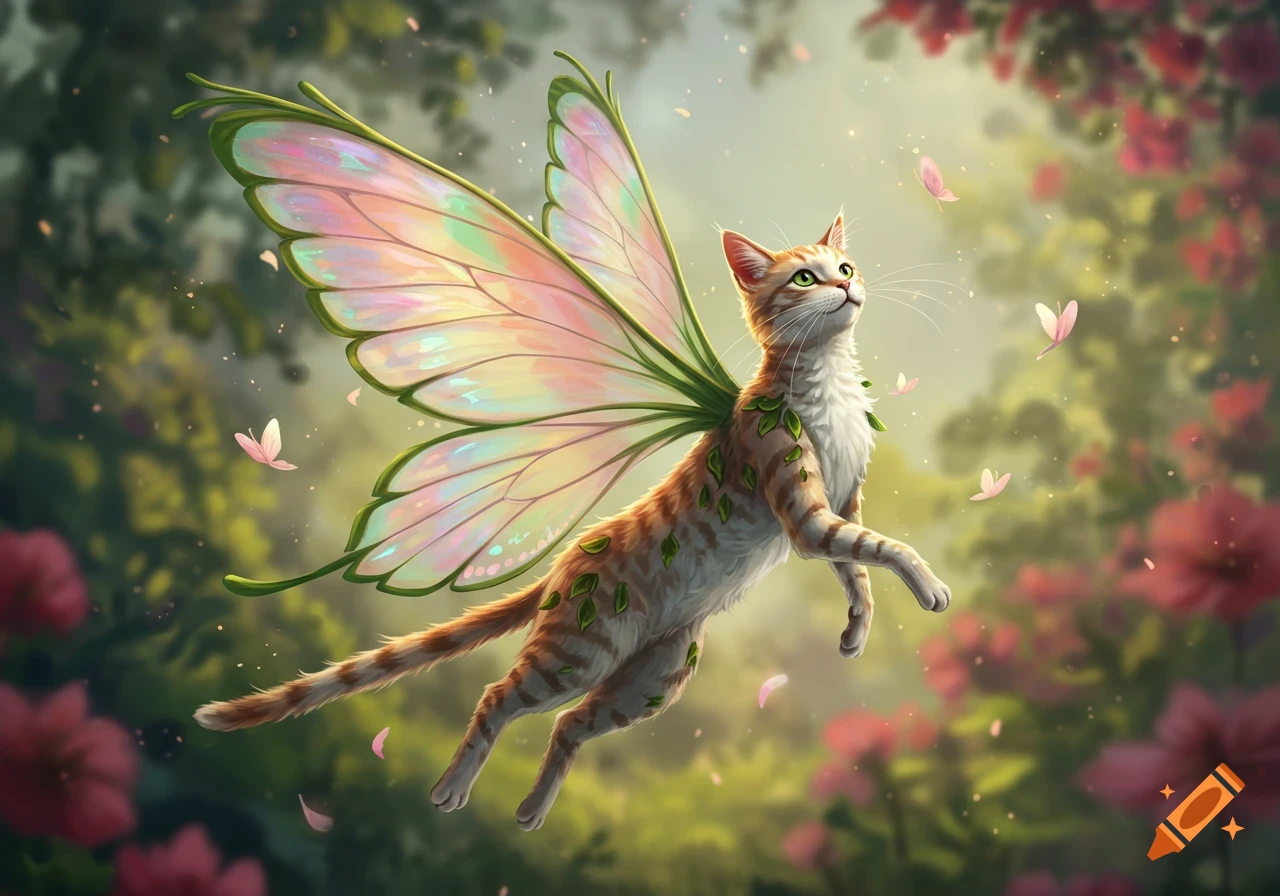 A ginger tabby cat with large, iridescent butterfly wings floats in a dreamy, lush garden.