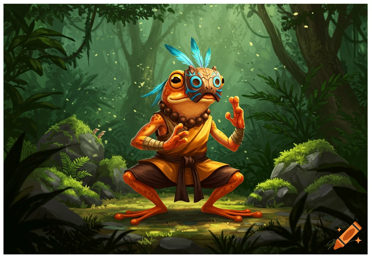 A humanoid orange frog monk wearing a tribal mask and blue feathers practices martial arts in a lush green jungle.