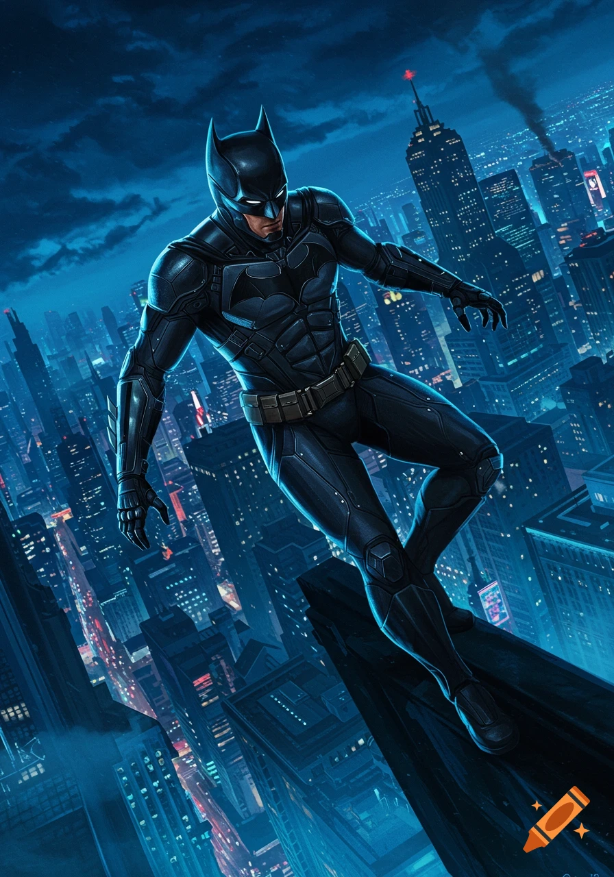 Batman, in a dark armored suit with a bat symbol, perches on a skyscraper overlooking a neon-lit city at night in a stylized comic art style.