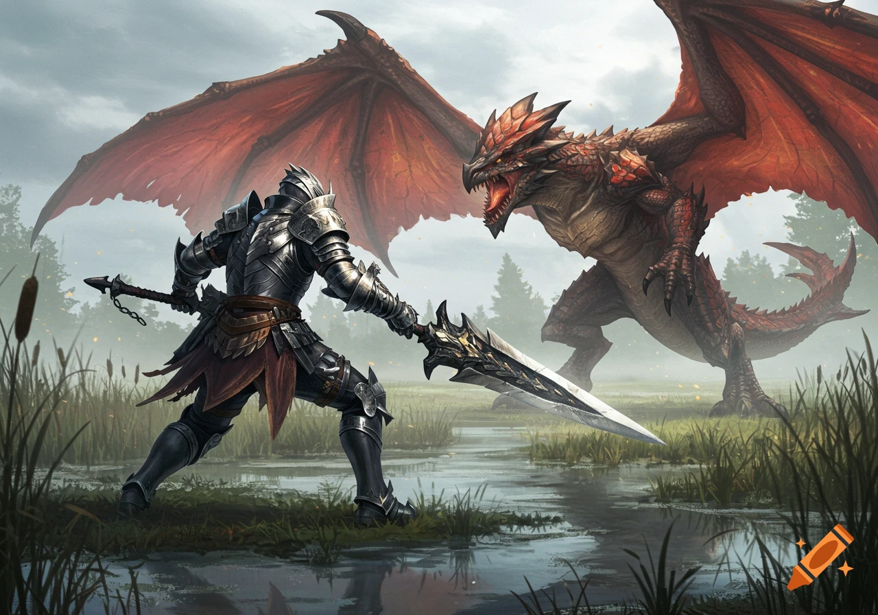 An armored knight with a greatsword confronts a large red dragon in a misty marsh. Detailed digital painting.