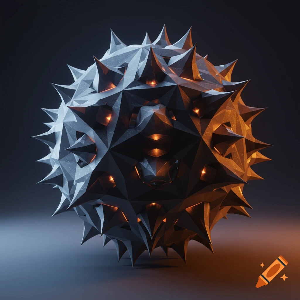 A metallic, dark gray spiky sphere with sharp spikes floating against a  plain light background. on Craiyon, image size:1024x1024