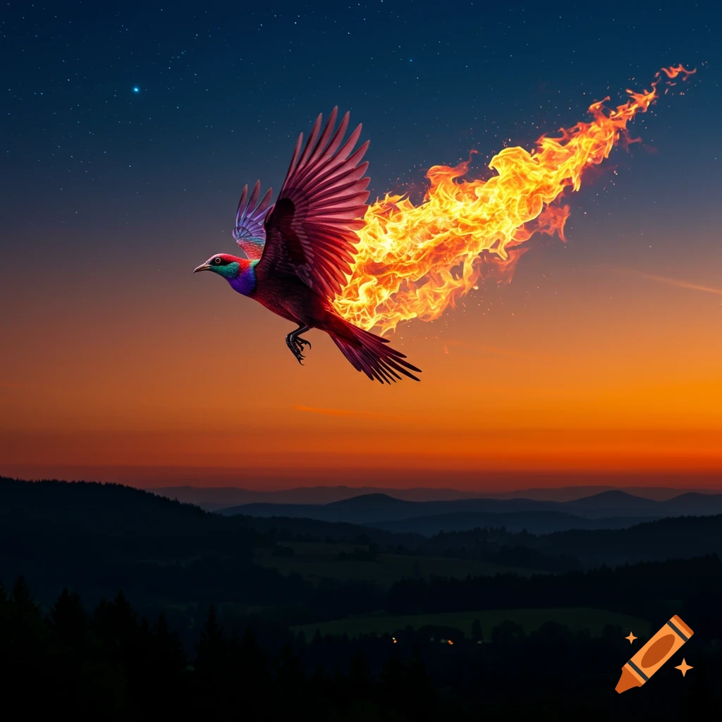 A vibrant bird with red and purple plumage flies across a dramatic sunset sky, leaving a trail of orange flames, above dark mountains.