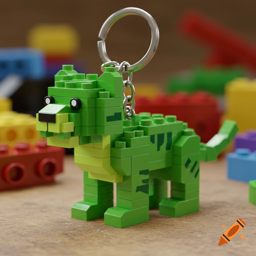 A close-up shot of a green Lego tiger keyring, with colorful blurred Lego bricks in the background.