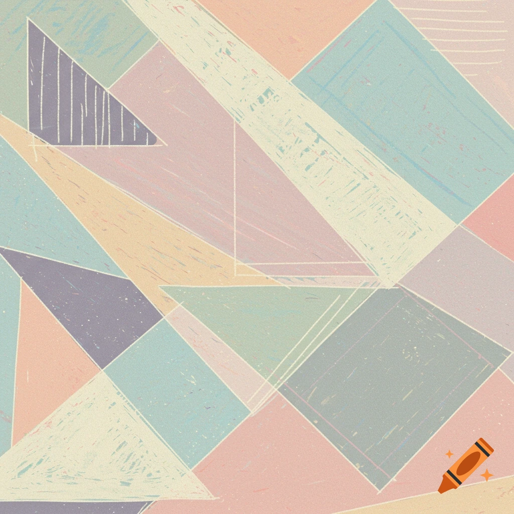 Abstract geometric pattern of pastel triangles, squares, and rhomboids with textured, chalk-like appearance and white outlines.