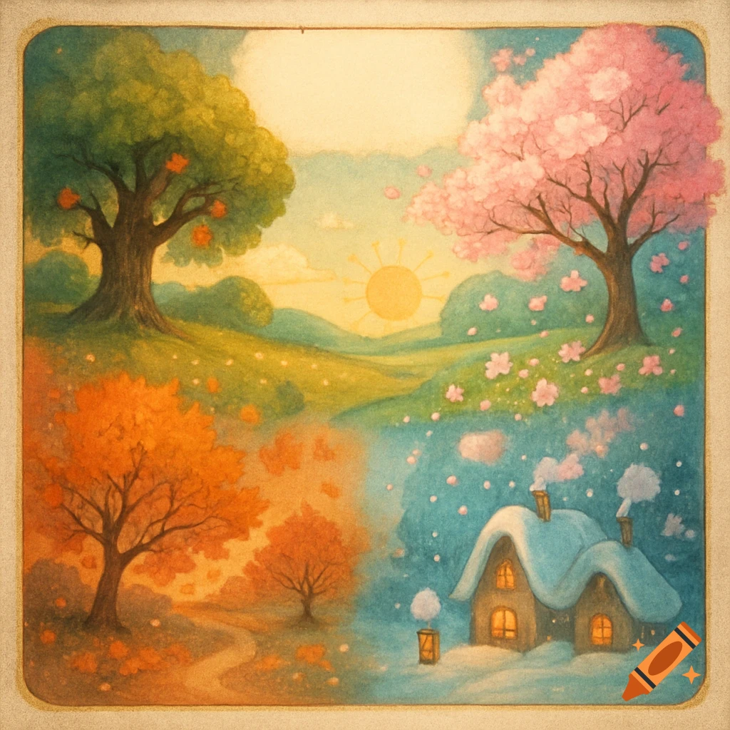 A whimsical watercolor painting depicting the four seasons in a fantasy landscape with trees, flowers, sun, and a snowy house.