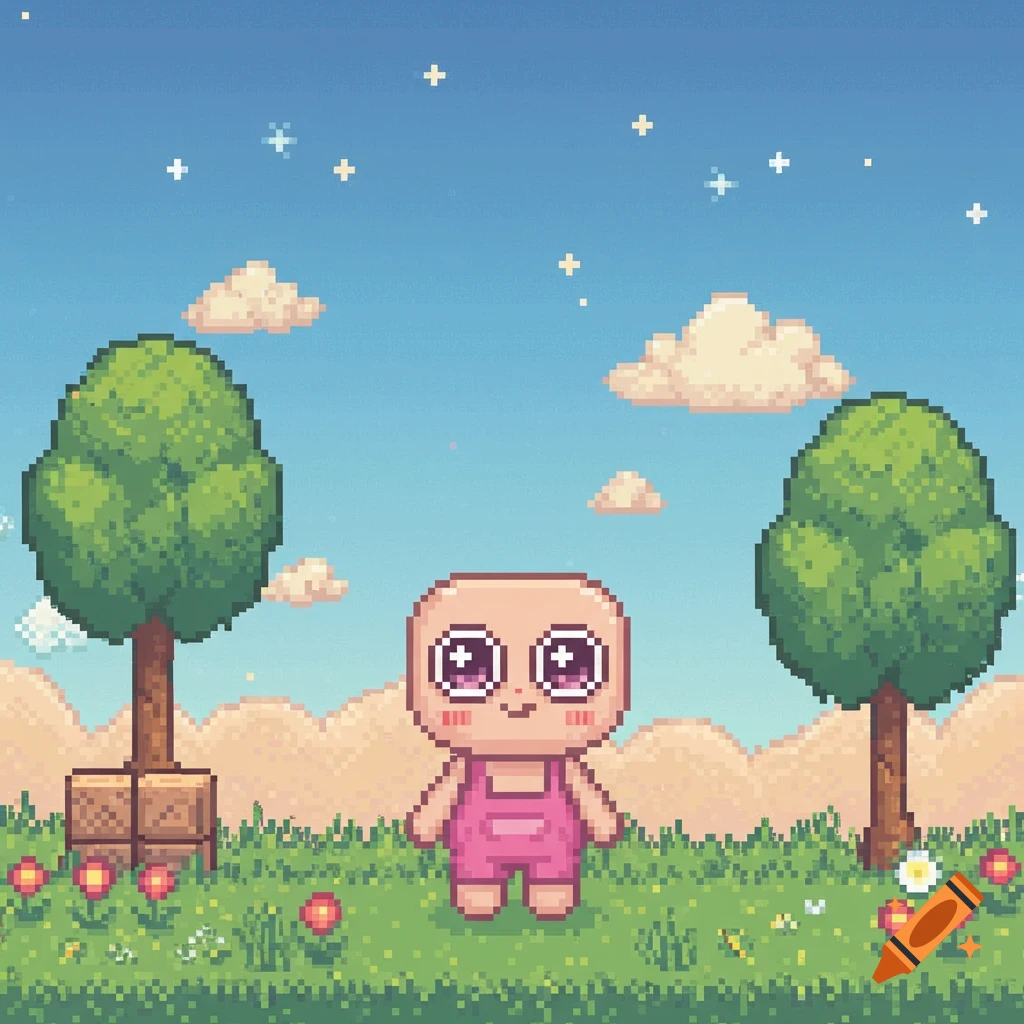 Cute pixel art of a big-eyed character in pink overalls in a grassy field with trees, flowers, clouds, and stars.