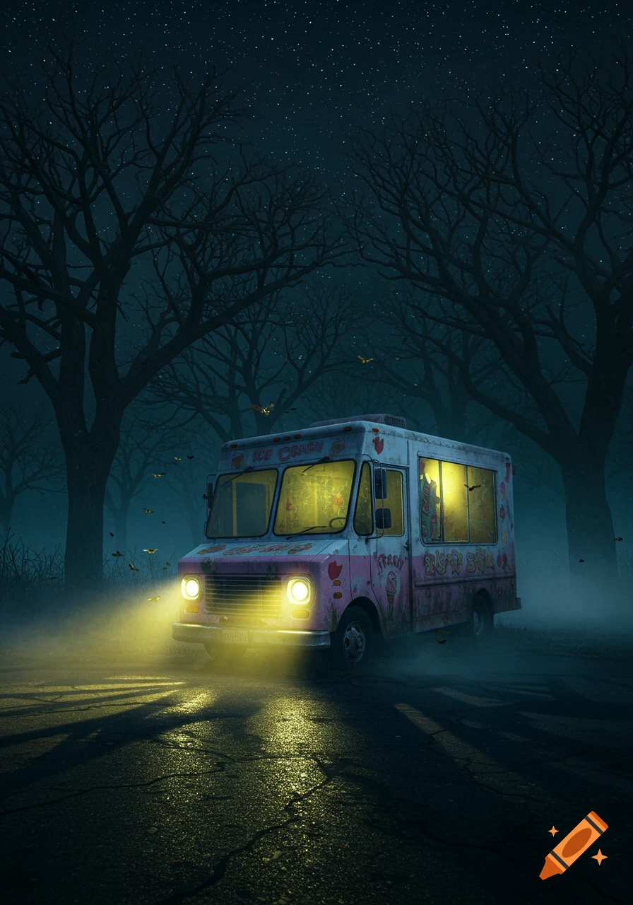 A spooky, abandoned ice cream truck with glowing lights sits on a foggy road at night, surrounded by bare, gnarled trees and bats under a starry sky.