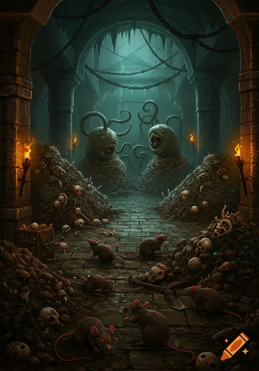 Dark fantasy dungeon with two grotesque otyughs, piles of refuse, skulls, and glowing-eyed rats under torchlight.