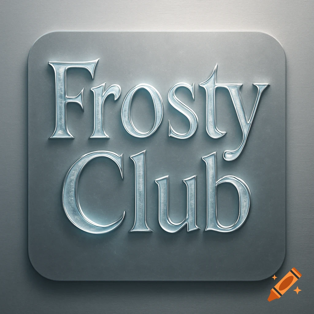 Shiny, icy metallic 3D text spelling "Frosty Club" on a gray rounded plaque icon.