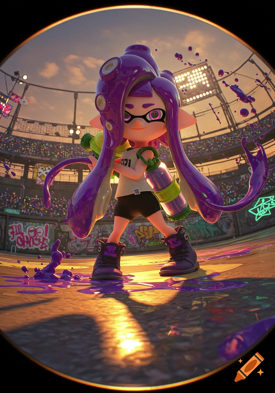A purple Inkling character from Splatoon holds an ink gun, standing in a stadium with a fisheye lens view. Purple ink splashes around.