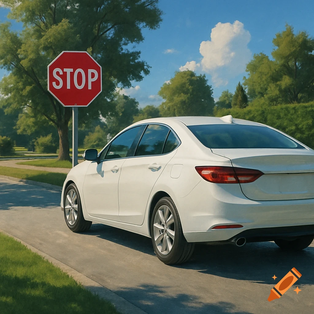 A white sedan is stopped on a suburban road next to a red stop sign under a clear blue sky.