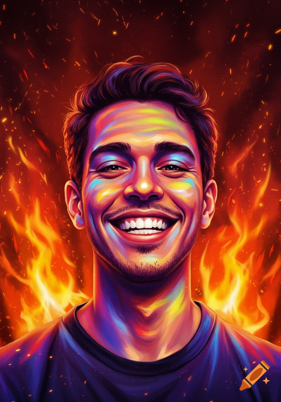 Smiling man with rainbow-colored skin and hair against a fiery red background with sparks. Digital art style.