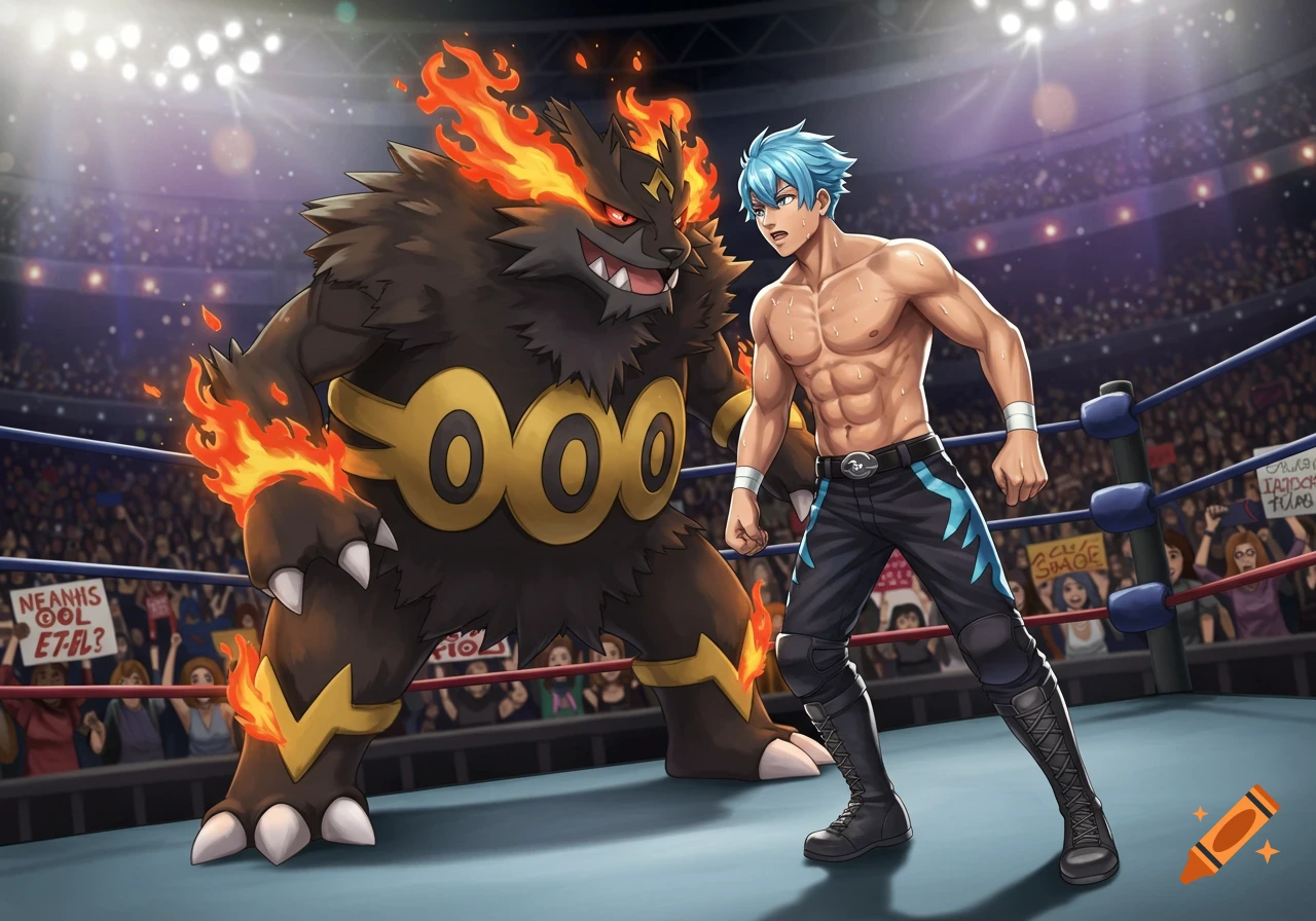 An athletic anime man with blue hair faces a fiery, dark monster in a wrestling ring, surrounded by a cheering crowd in anime style.