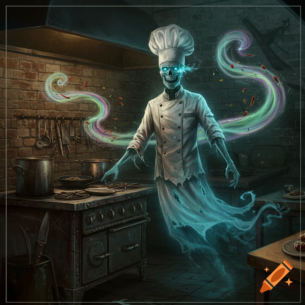 A ghostly skeletal chef with glowing blue eyes stands in a dark, old kitchen, surrounded by swirling magical wisps with spices.