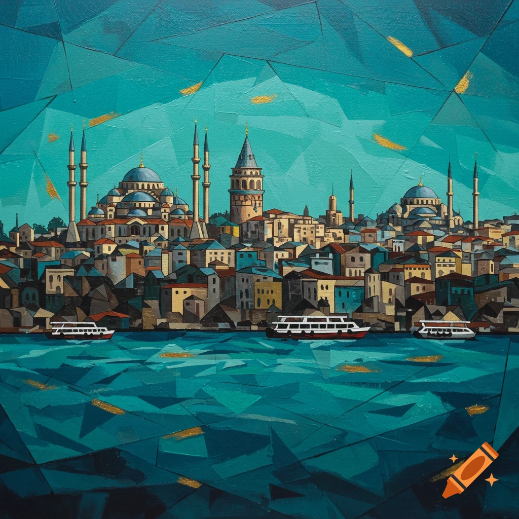 Cubist painting of Istanbul's skyline with mosques, Galata Tower, and boats on the turquoise Bosphorus, accented with gold.