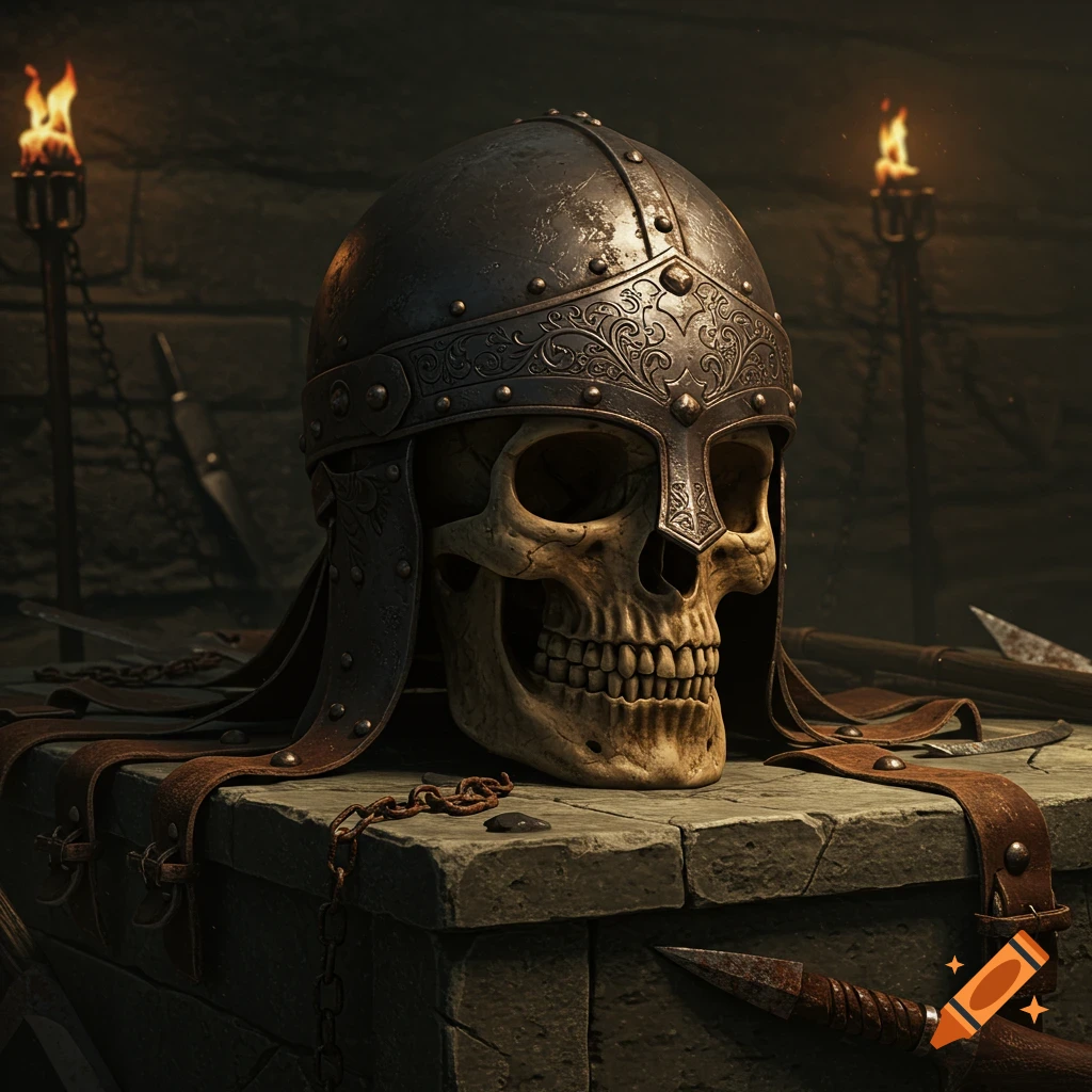 A detailed skull wearing an ornate metal helmet rests on a stone block in a dimly lit dungeon, lit by torches.