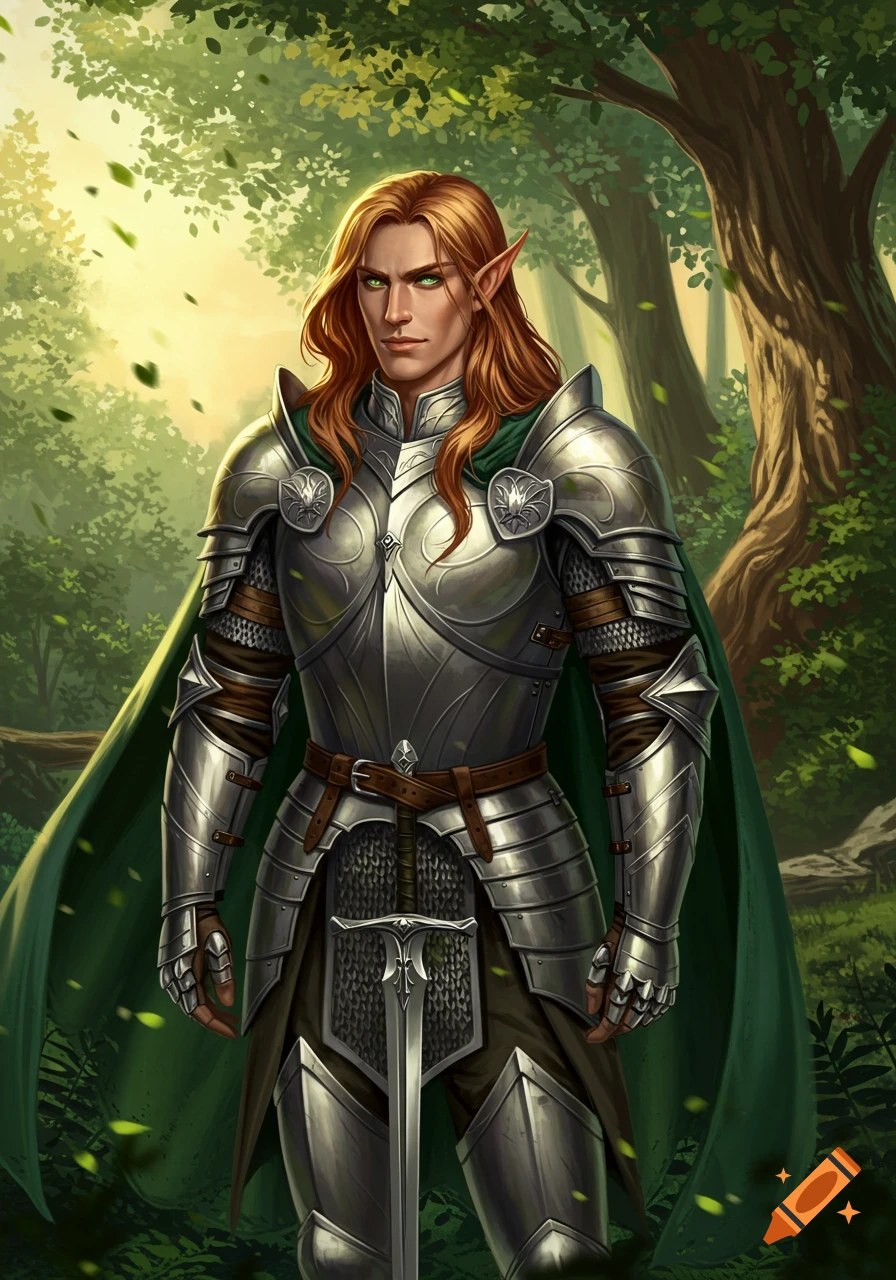 A handsome male elf knight with long strawberry blonde hair, green eyes, silver armor, and a green cape stands in a sunny forest.