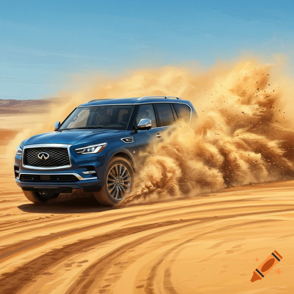 A blue Infiniti QX80 SUV speeds through a desert, kicking up a large cloud of sand.