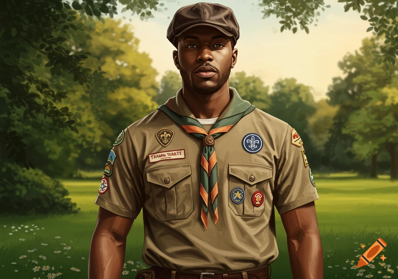 An illustrated portrait of a dark-skinned man in a scout uniform and flat cap, standing in a sunny, green park.