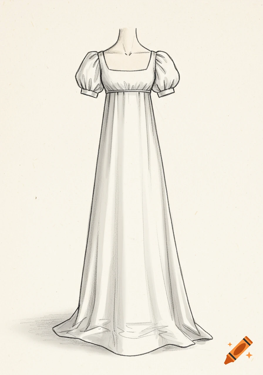 Sketch of a white Regency-era empire waist dress with short puff sleeves and a flowing skirt, front view.