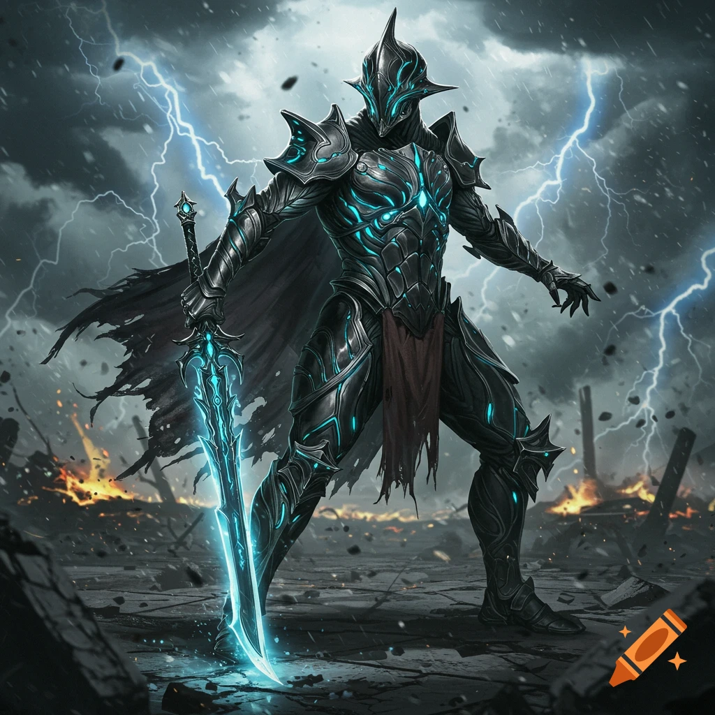 A dark armored warrior with glowing blue accents and a bright blue sword stands in a lightning storm over a ruined battlefield.