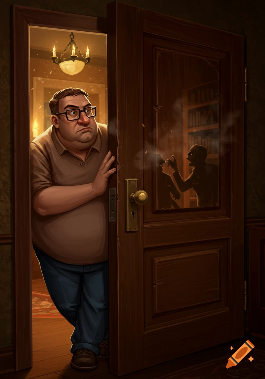 An overweight man in glasses peeks nervously through a partially open door, overhearing an argument between two shadowy figures in a dimly lit, old room.