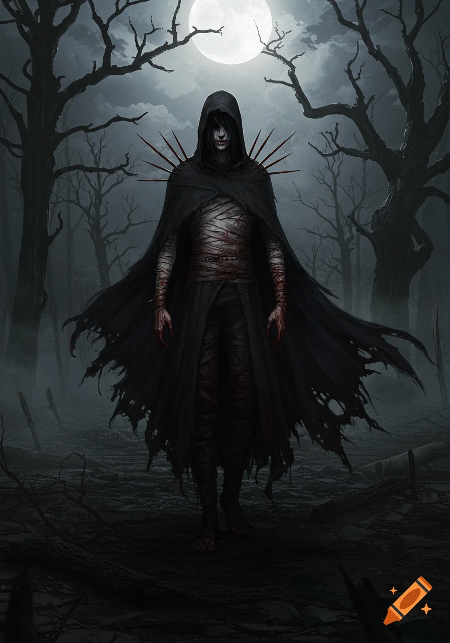 A dark, mysterious figure in a tattered cloak, covered in bloody bandages and spikes, stands in a desolate, foggy forest under a full moon.