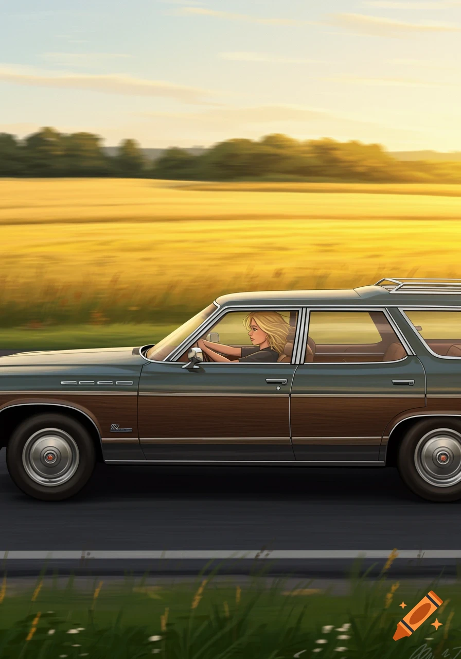 Blonde woman drives a vintage green station wagon with wood trim down a rural road past golden fields at sunset, illustrated.