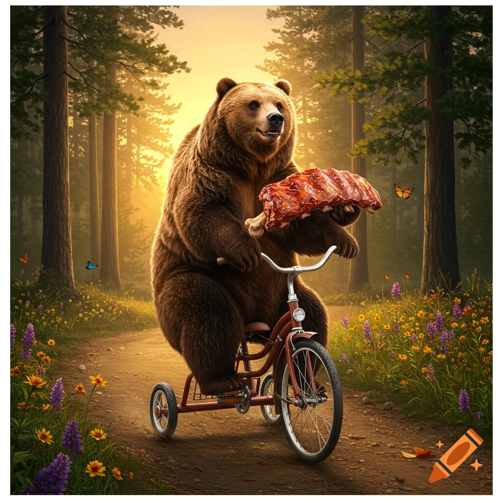 A large brown bear rides a red tricycle down a sunlit forest path, happily eating a rack of ribs.