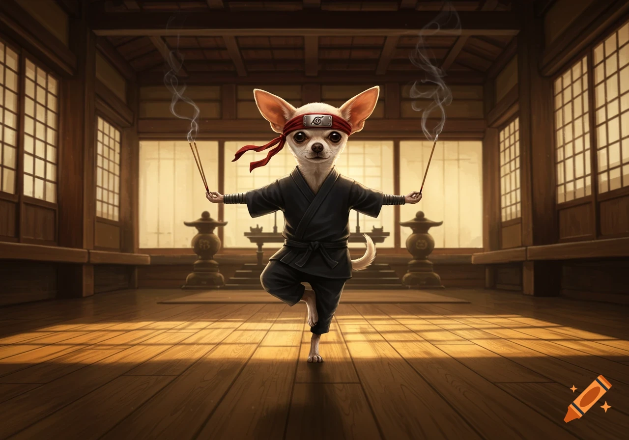 A cream chihuahua in a black ninja suit and headband balances on one leg in a temple, holding smoking incense sticks.
