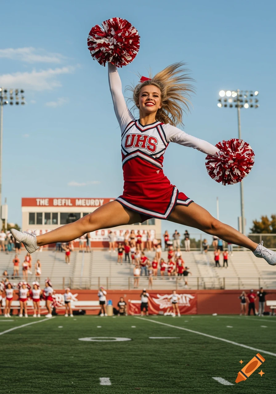 Photorealistic image of a female high school cheerleader in a red and white uniform jumping on a sports field.