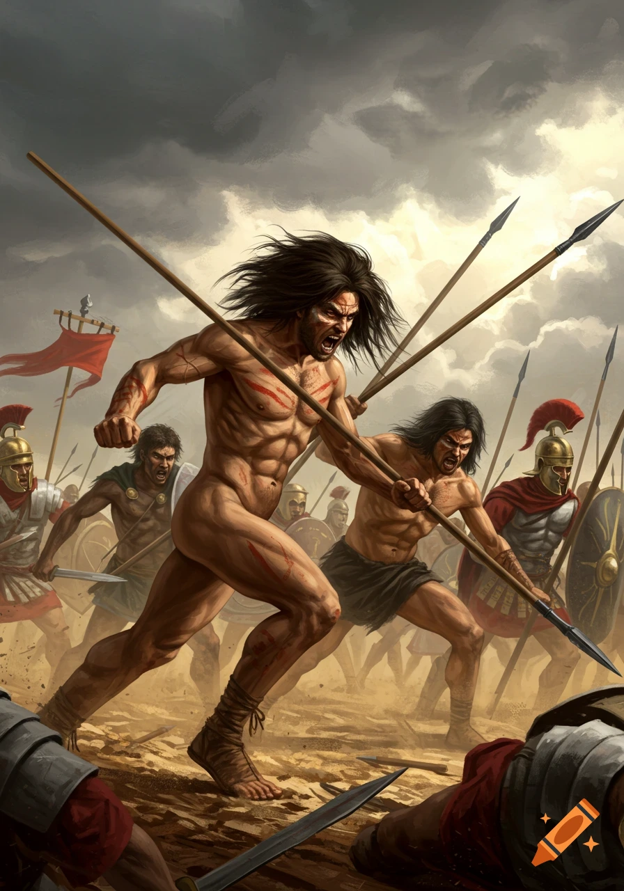 Muscular, partially nude Gaesatae warriors with spears charge against Roman soldiers on a dusty battlefield under a stormy sky.