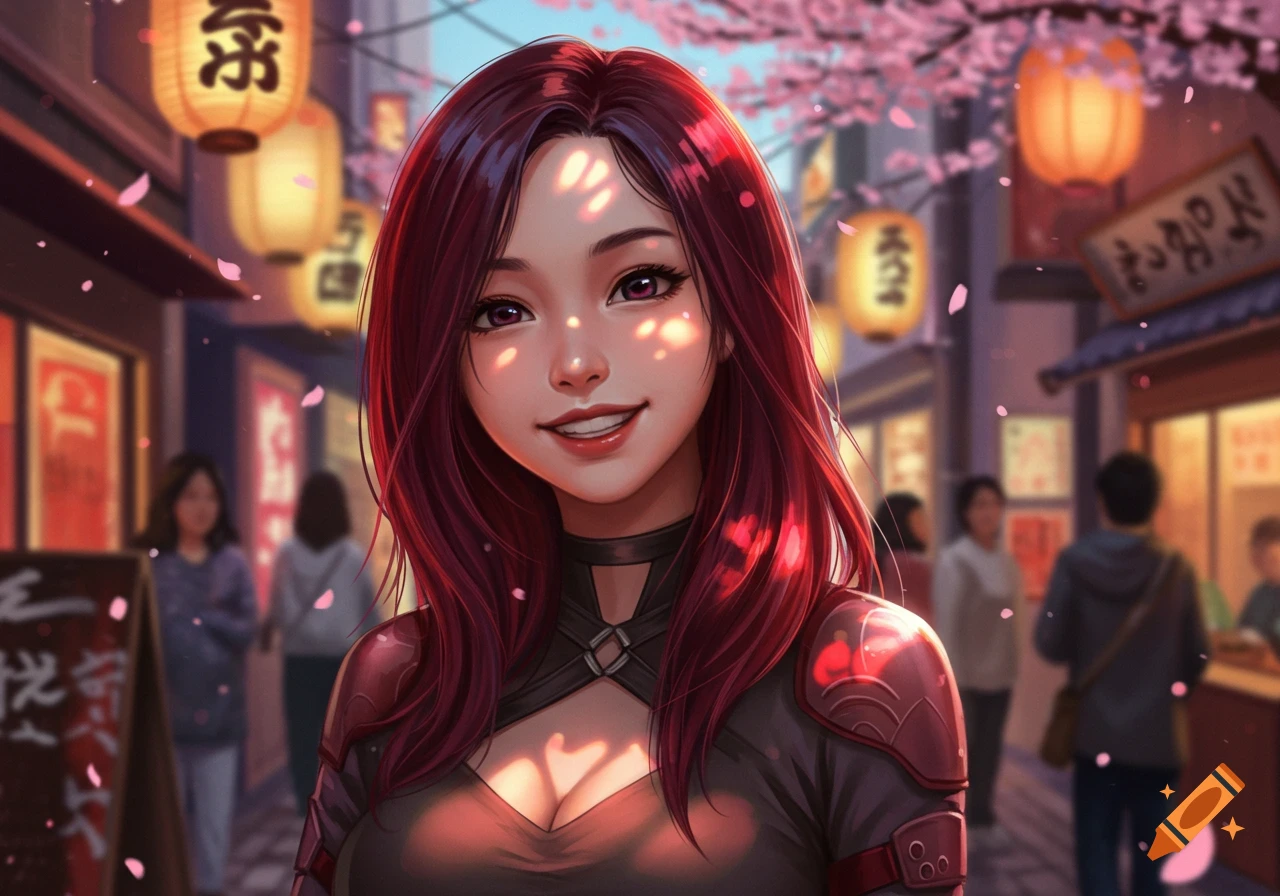 Smiling woman with red hair in a black top with armor, on a vibrant anime-style Japanese street with cherry blossoms and lanterns.
