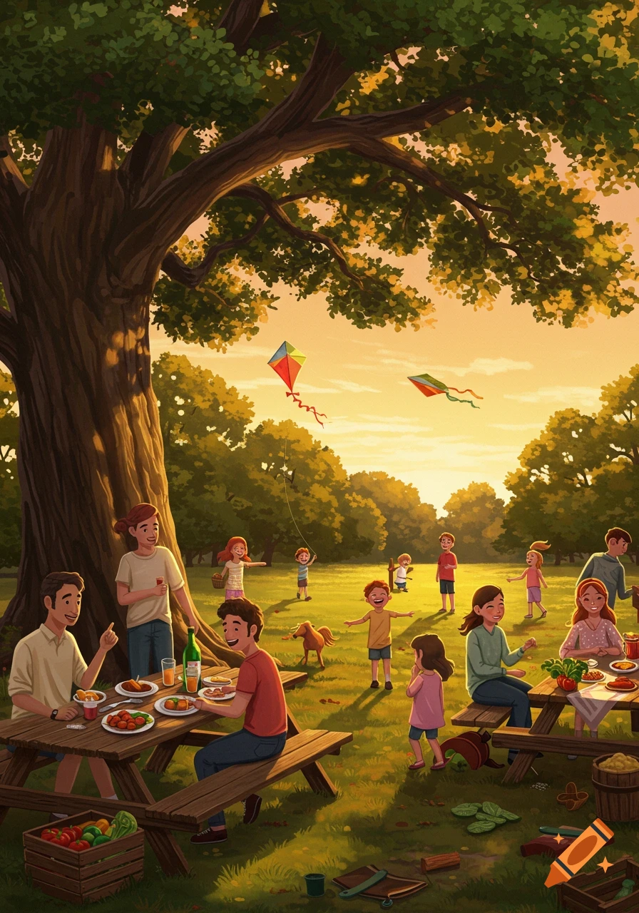 Stylized illustration of families picnicking and children playing with kites in a park at sunset.