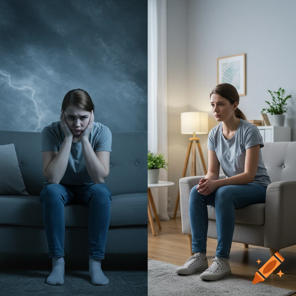 Split image of a woman: distressed on the left with a stormy sky, calm on the right in a peaceful room, symbolizing healing.