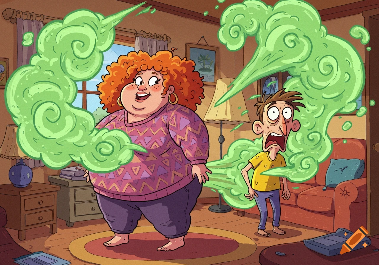 A cartoonish woman farts in a room, sending green odor smoke towards a horrified man whose face is melting.