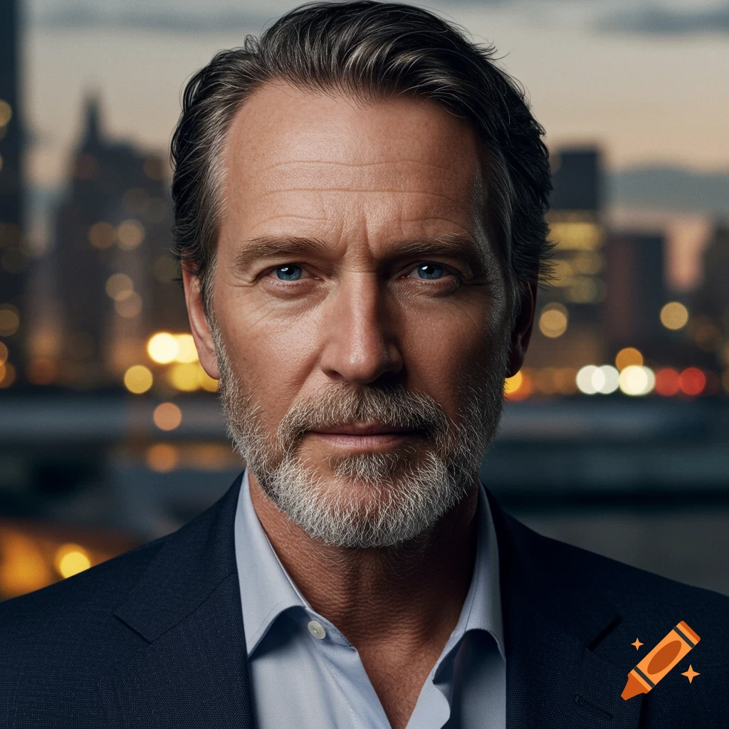 Photorealistic portrait of a serious middle-aged man with blue eyes and a gray beard, wearing a suit, against blurred city lights.