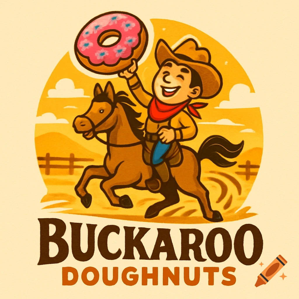 Cartoon logo of a smiling cowboy riding a horse, holding up a pink donut. Text below reads 'BUCKAROO DOUGHNUTS'.