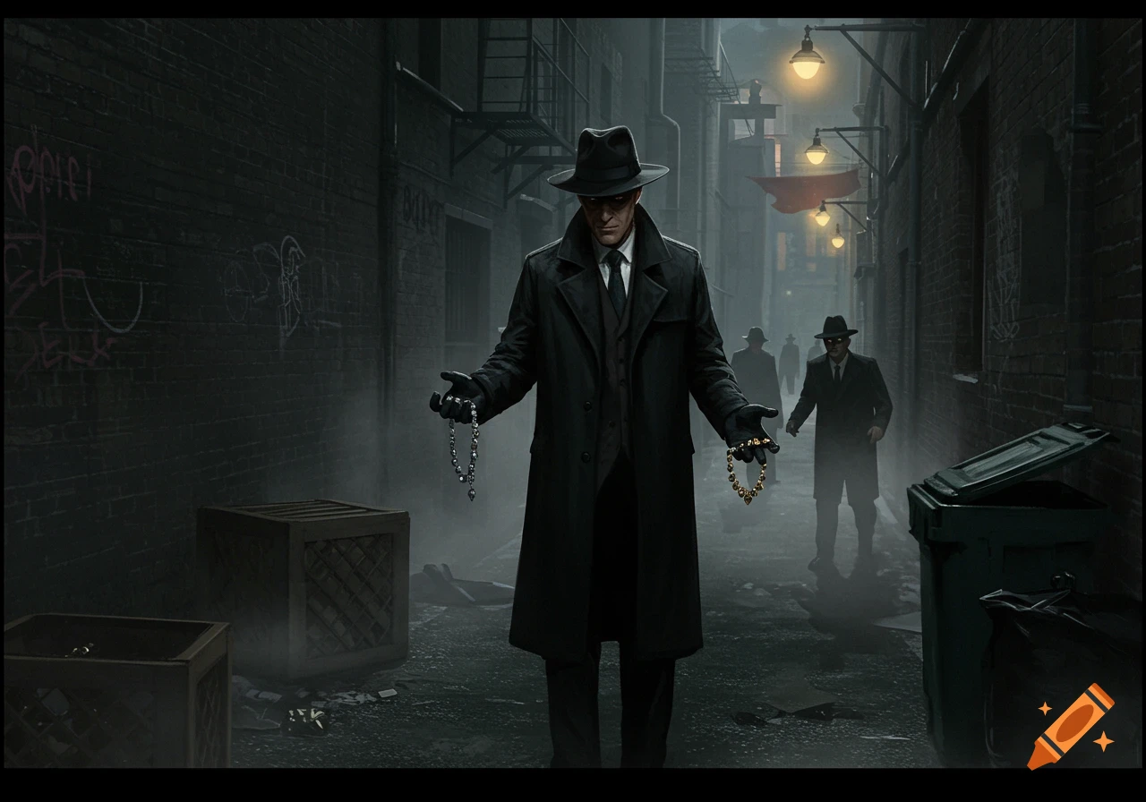 A man in a trench coat and fedora holds two necklaces in a dark, foggy alley, with other shadowy figures in the background.