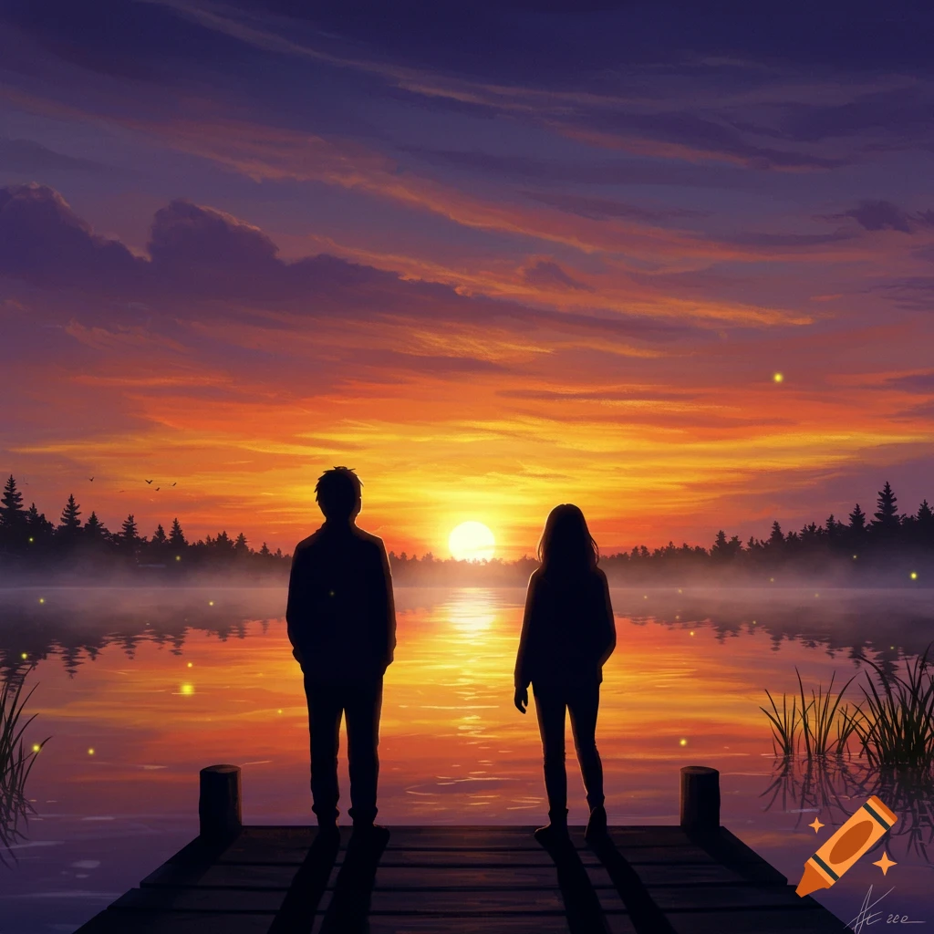 Illustration of two people silhouetted on a dock, watching a vibrant orange and purple sunset over a misty lake.
