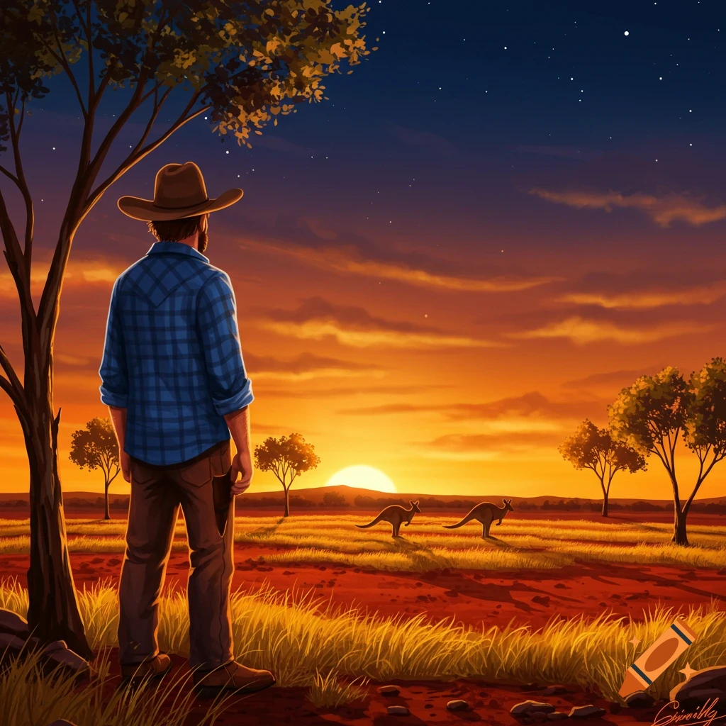 Illustration of a man in a hat and plaid shirt watching a vivid Australian sunset with kangaroos.