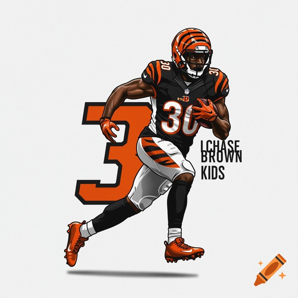 An illustration of an American football player in a black and orange Cincinnati Bengals uniform, number 30, running with the ball. The text "I CHASE BROWN KIDS" is next to him.