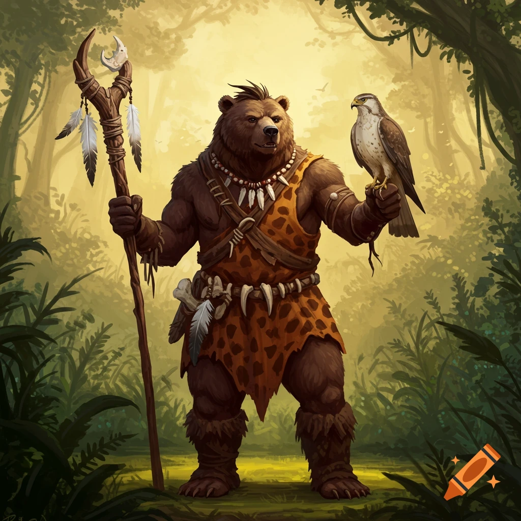 A powerful bear shaman stands in a lush jungle, holding a feathered staff and a hawk on his arm, rendered in a fantasy art style.