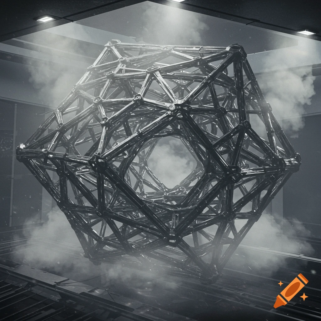 A dark, metallic geometric structure with intricate beams floats amidst smoke in a futuristic, dimly lit room.