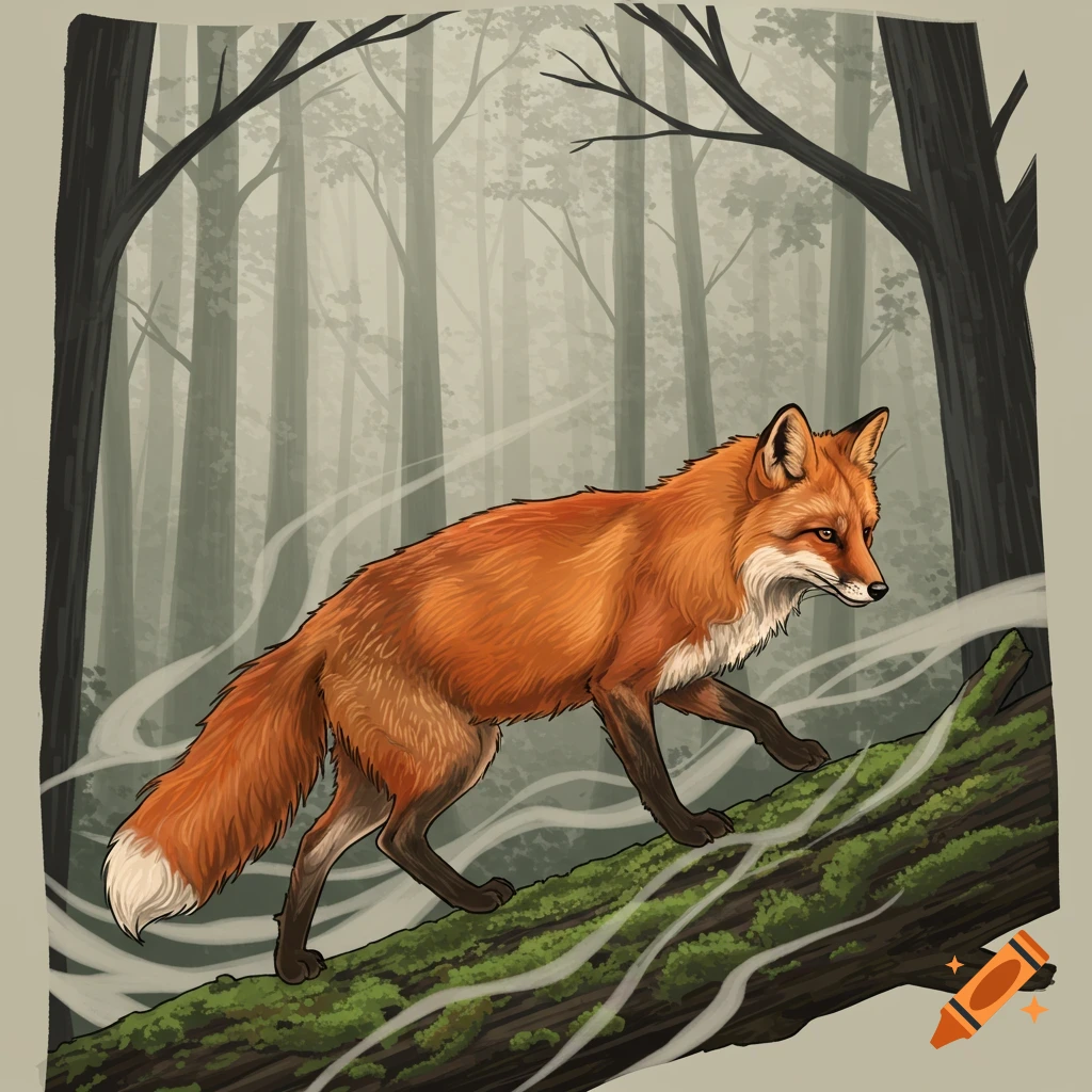 A stylized illustration of a red fox walking on a moss-covered log in a misty forest.