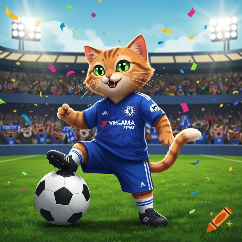 A cartoon ginger cat in a blue Chelsea football uniform stands with a soccer ball in a stadium, confetti falling.
