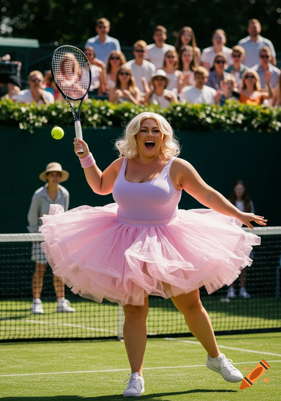 A jovial blonde woman in a lavender leotard and pink tutu plays tennis on a green court, racket poised, with a crowd watching.